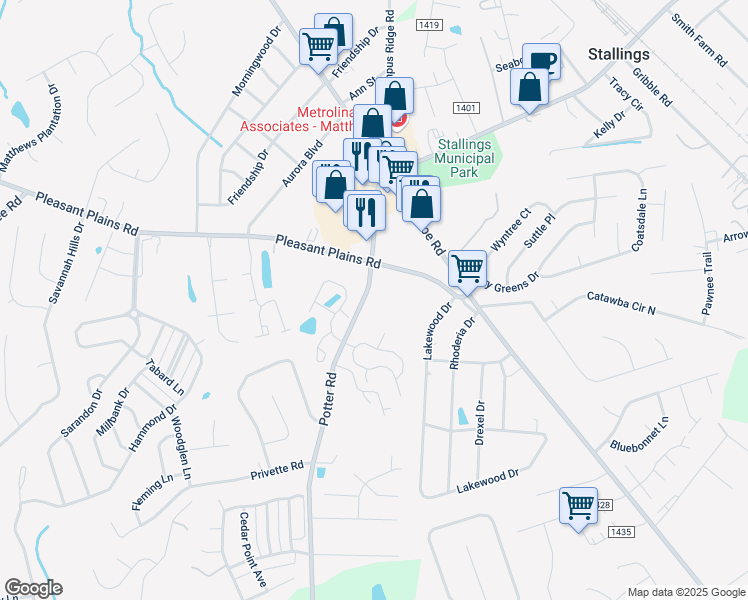 map of restaurants, bars, coffee shops, grocery stores, and more near 4607 Potter Road in Matthews