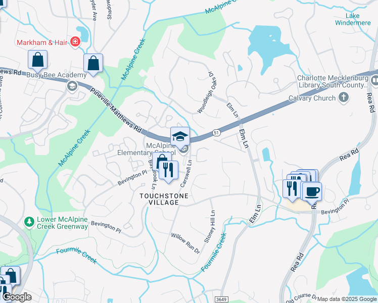 map of restaurants, bars, coffee shops, grocery stores, and more near 9100 Carswell Lane in Charlotte