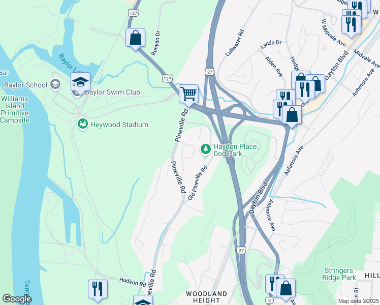 map of restaurants, bars, coffee shops, grocery stores, and more near 1150 Pineville Road in Chattanooga