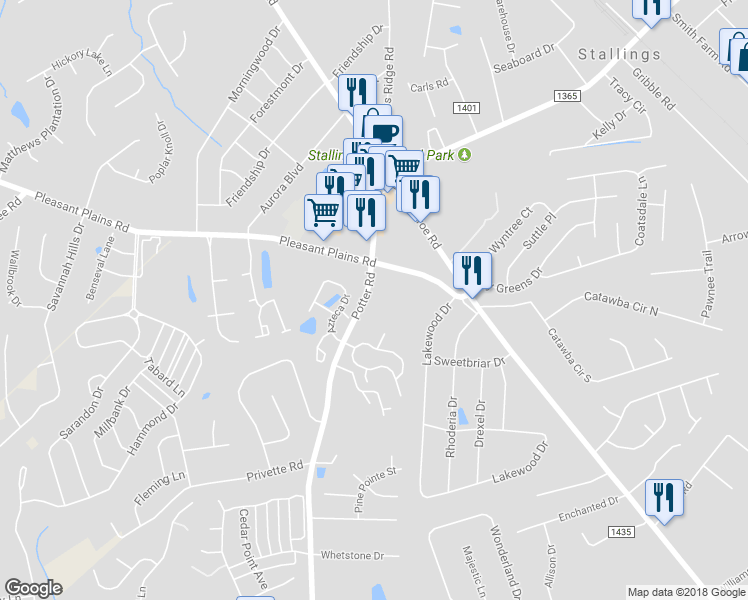 map of restaurants, bars, coffee shops, grocery stores, and more near 4607 Potter Road in Matthews