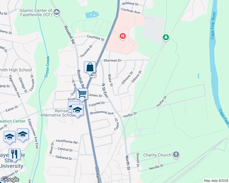 map of restaurants, bars, coffee shops, grocery stores, and more near 1705-1755 Gilmore St in Fayetteville