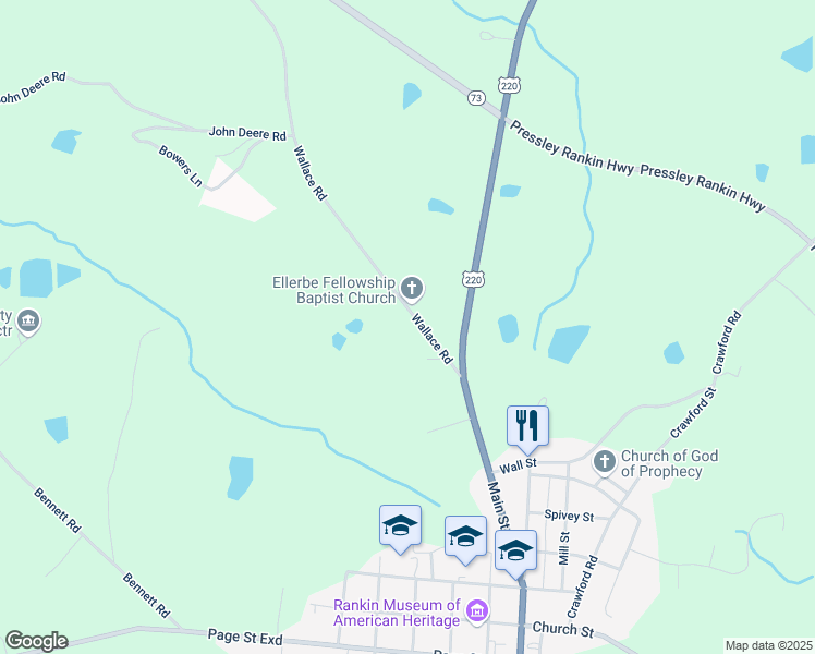map of restaurants, bars, coffee shops, grocery stores, and more near 133 Wallace Road in Ellerbe