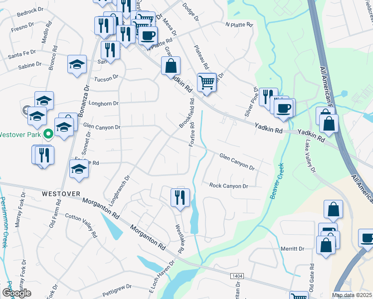 map of restaurants, bars, coffee shops, grocery stores, and more near 5247 Foxfire Road in Fayetteville