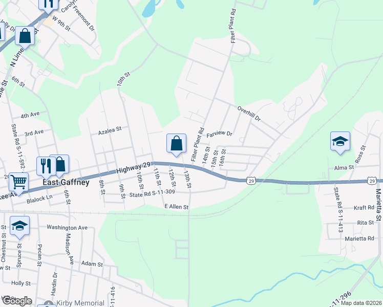 map of restaurants, bars, coffee shops, grocery stores, and more near 115 Filter Plant Road in Gaffney
