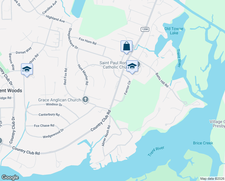 map of restaurants, bars, coffee shops, grocery stores, and more near 3120 Country Club Road in New Bern