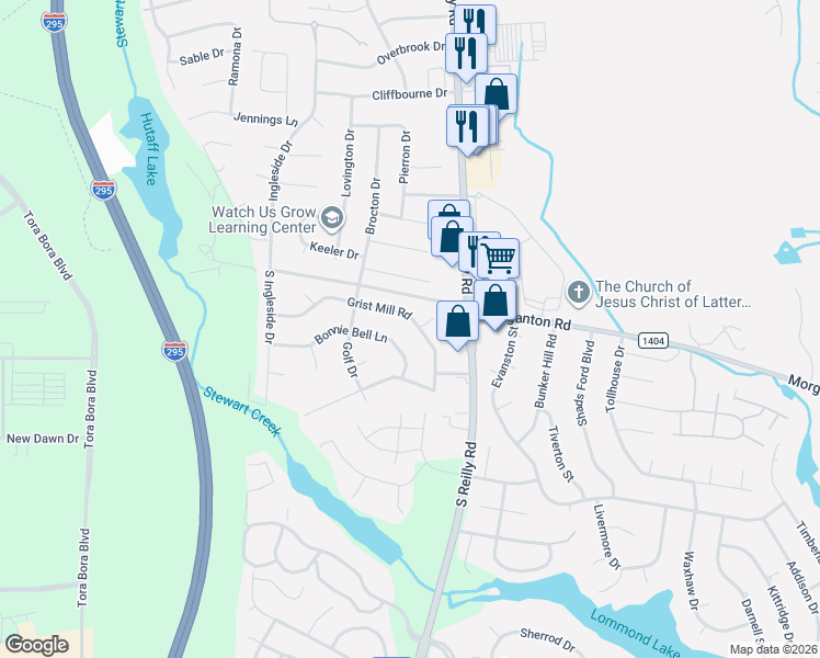 map of restaurants, bars, coffee shops, grocery stores, and more near 6533 Gristmill Road in Fayetteville