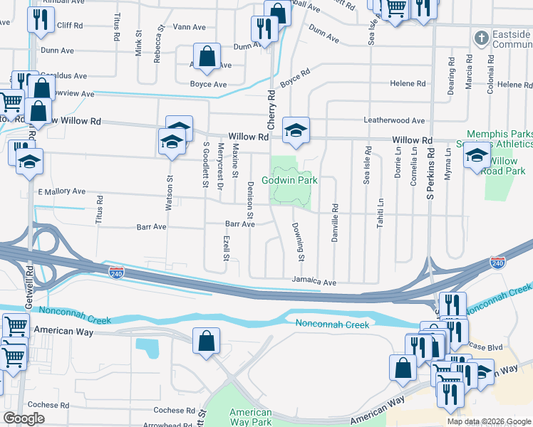map of restaurants, bars, coffee shops, grocery stores, and more near 4338 Barr Avenue in Memphis