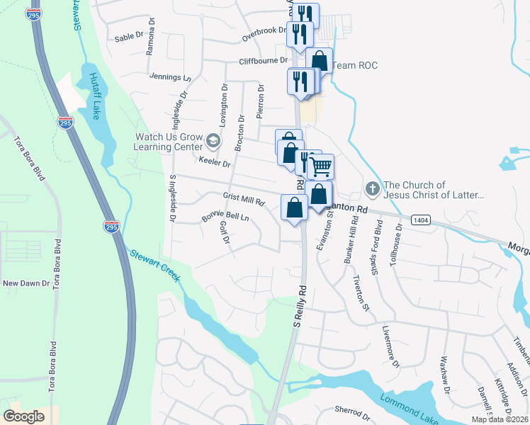 map of restaurants, bars, coffee shops, grocery stores, and more near 6533 Gristmill Road in Fayetteville