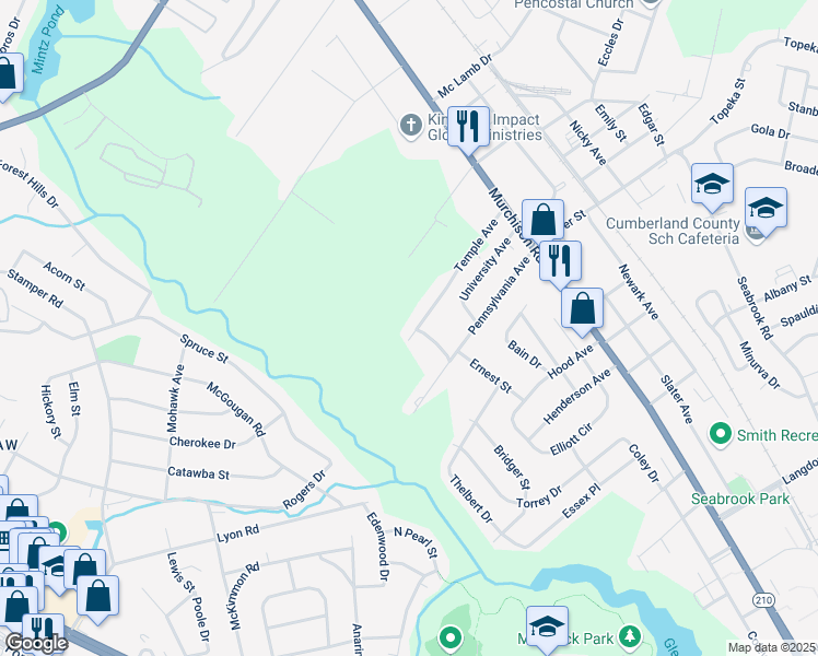 map of restaurants, bars, coffee shops, grocery stores, and more near 230 Temple Avenue in Fayetteville
