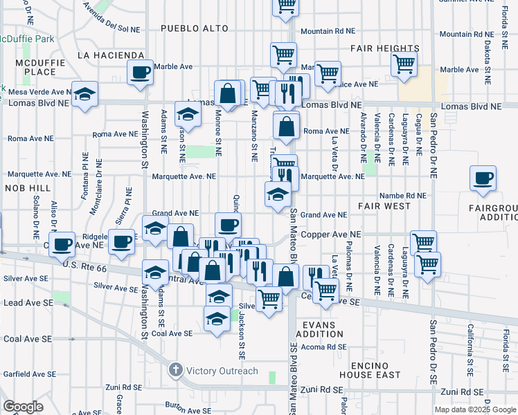 map of restaurants, bars, coffee shops, grocery stores, and more near 304 Manzano Street Northeast in Albuquerque