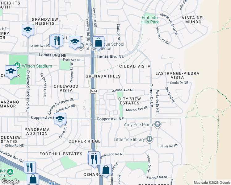 map of restaurants, bars, coffee shops, grocery stores, and more near 1016 Hope Place Northeast in Albuquerque