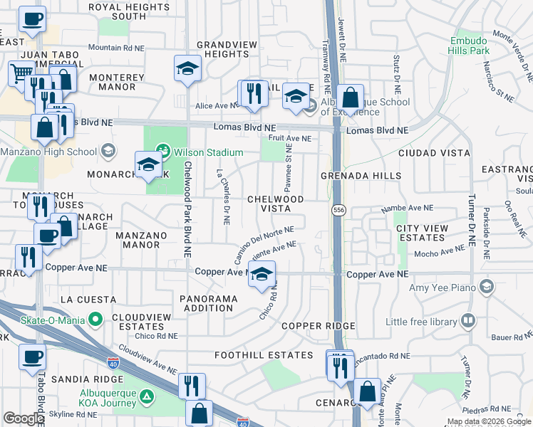 map of restaurants, bars, coffee shops, grocery stores, and more near 733 Omaha Street Northeast in Albuquerque