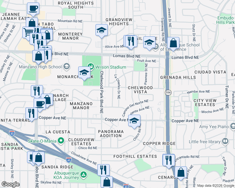map of restaurants, bars, coffee shops, grocery stores, and more near 728 Monell Drive Northeast in Albuquerque