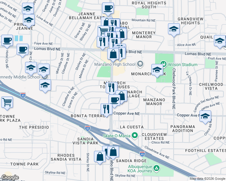 map of restaurants, bars, coffee shops, grocery stores, and more near 11900 Lombard Lane Northeast in Albuquerque