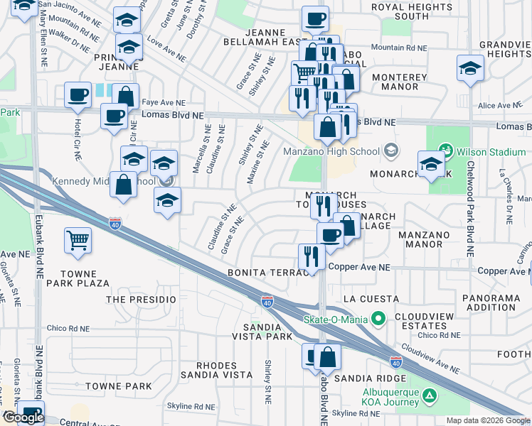 map of restaurants, bars, coffee shops, grocery stores, and more near 11621 Grand Avenue Northeast in Albuquerque