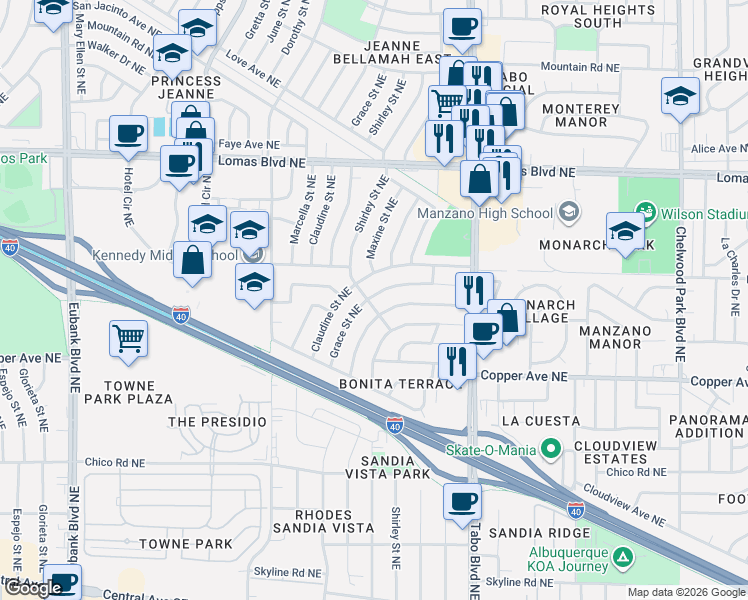 map of restaurants, bars, coffee shops, grocery stores, and more near 11600 Nambe Avenue Northeast in Albuquerque