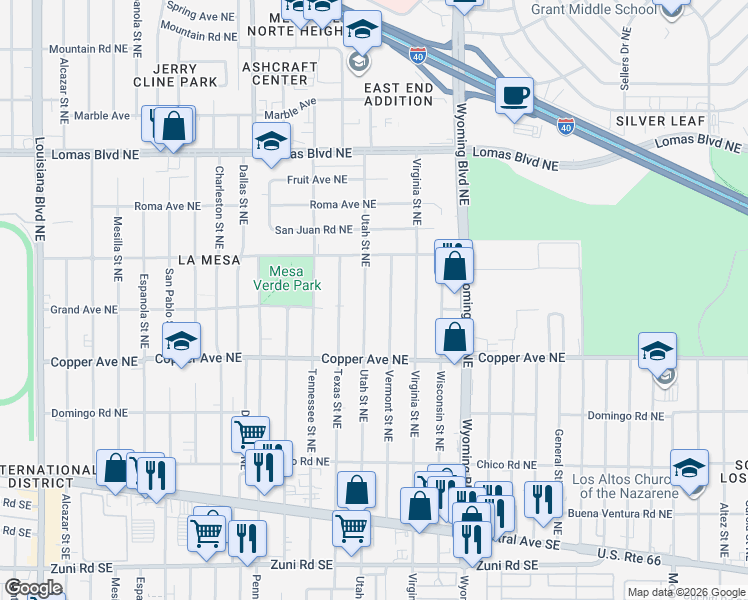 map of restaurants, bars, coffee shops, grocery stores, and more near 507 Vermont Street Northeast in Albuquerque