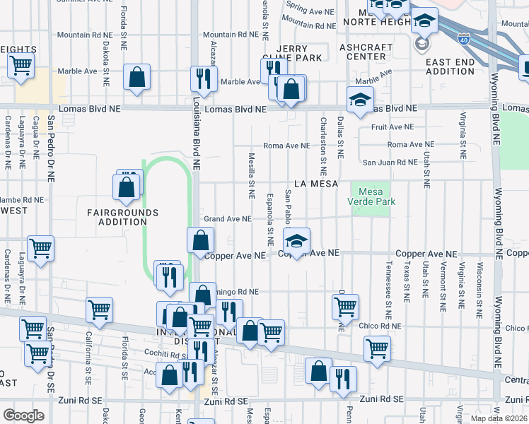 map of restaurants, bars, coffee shops, grocery stores, and more near 501 Espanola Street Northeast in Albuquerque