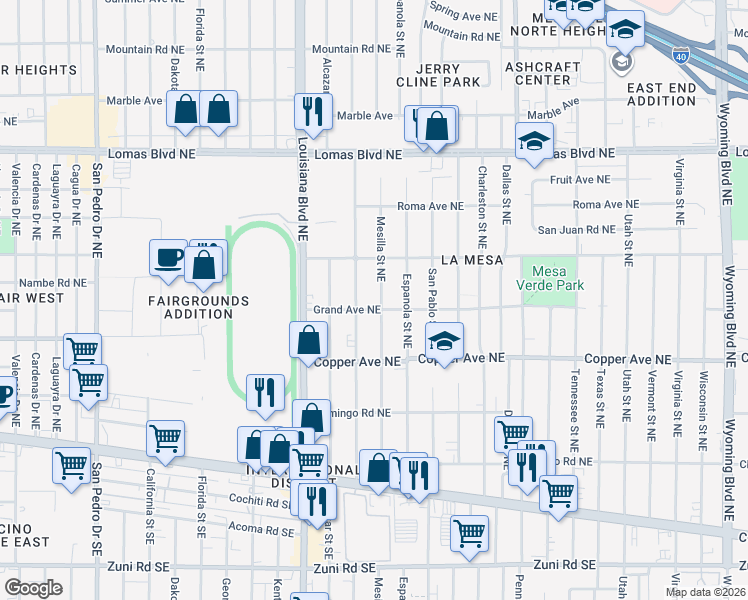 map of restaurants, bars, coffee shops, grocery stores, and more near 402 Chama Street Northeast in Albuquerque