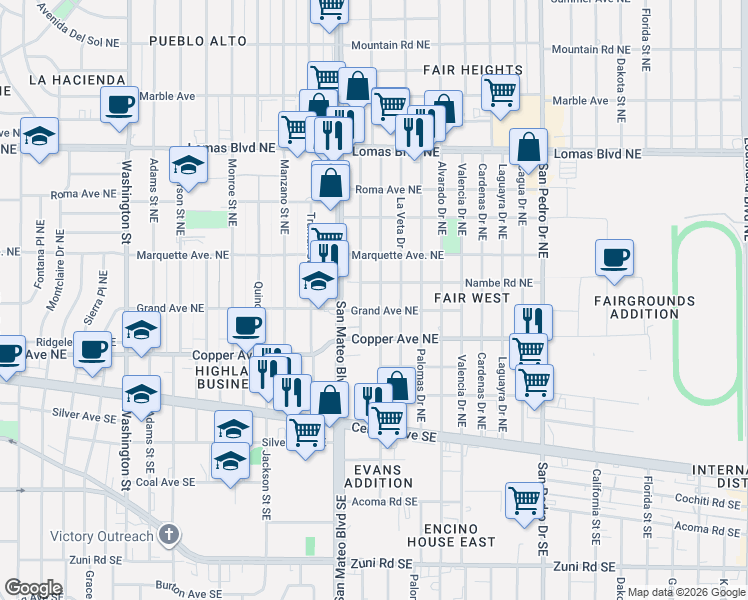 map of restaurants, bars, coffee shops, grocery stores, and more near 507 La Veta Drive in Albuquerque