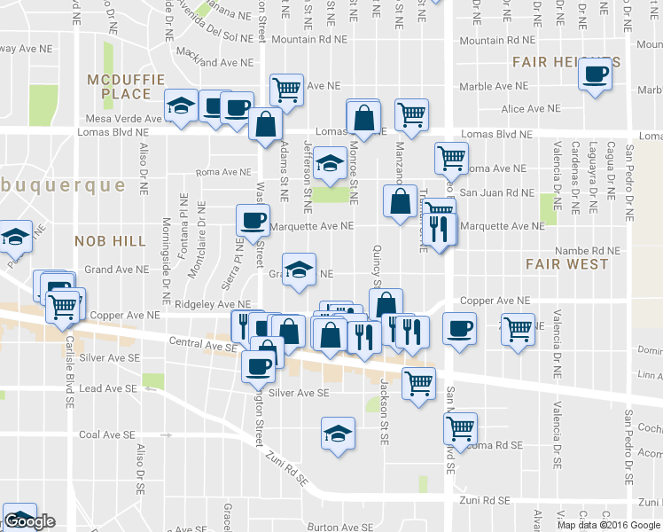 map of restaurants, bars, coffee shops, grocery stores, and more near 4807 Grand Avenue Northeast in Albuquerque