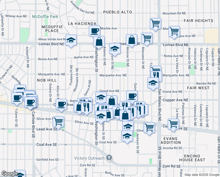 map of restaurants, bars, coffee shops, grocery stores, and more near 301 Jefferson Street Northeast in Albuquerque