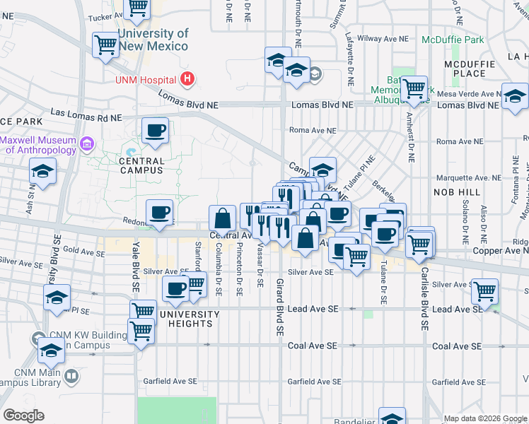map of restaurants, bars, coffee shops, grocery stores, and more near in Albuquerque