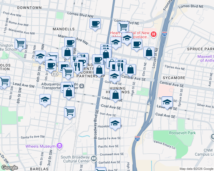 map of restaurants, bars, coffee shops, grocery stores, and more near 213 Arno Street Northeast in Albuquerque