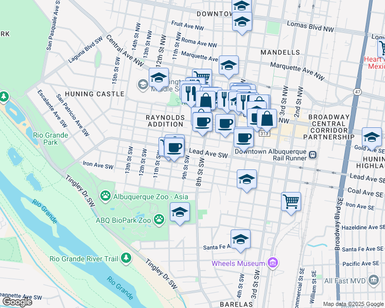 map of restaurants, bars, coffee shops, grocery stores, and more near 808 Lead Avenue Southwest in Albuquerque