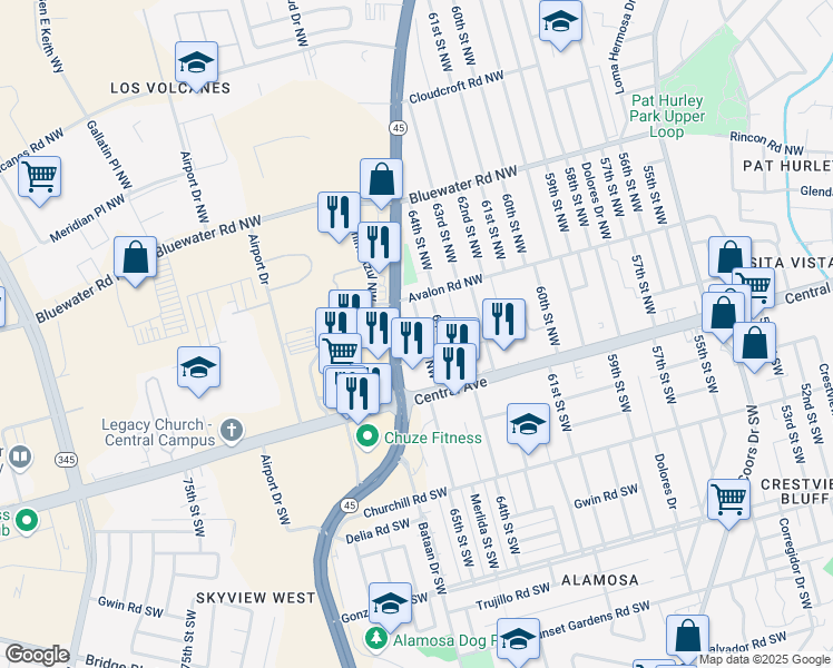 map of restaurants, bars, coffee shops, grocery stores, and more near 151 65th Street Northwest in Albuquerque
