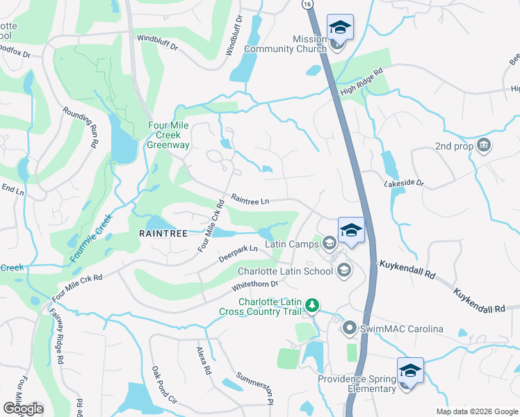 map of restaurants, bars, coffee shops, grocery stores, and more near 9204 Raintree Lane in Charlotte