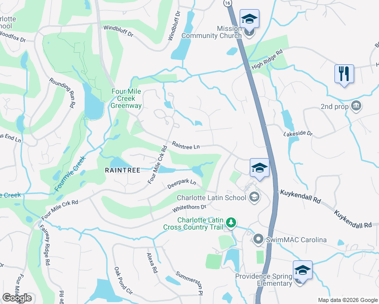 map of restaurants, bars, coffee shops, grocery stores, and more near 9204 Raintree Lane in Charlotte