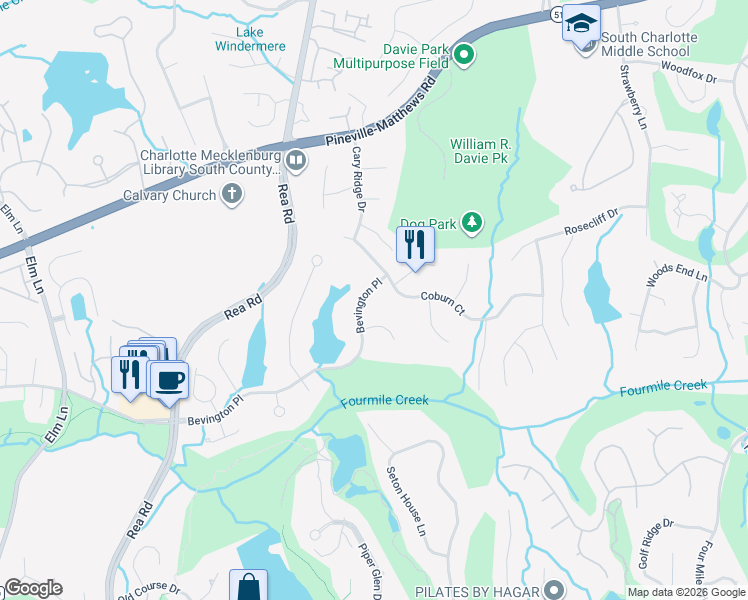 map of restaurants, bars, coffee shops, grocery stores, and more near 5119 Bevington Place in Charlotte