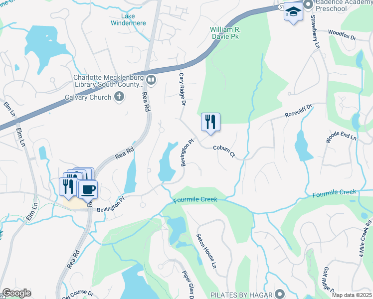 map of restaurants, bars, coffee shops, grocery stores, and more near 5119 Bevington Place in Charlotte