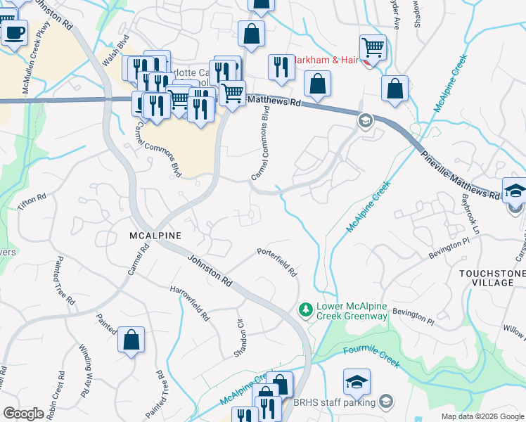 map of restaurants, bars, coffee shops, grocery stores, and more near 7142 Tom Castain Lane in Charlotte