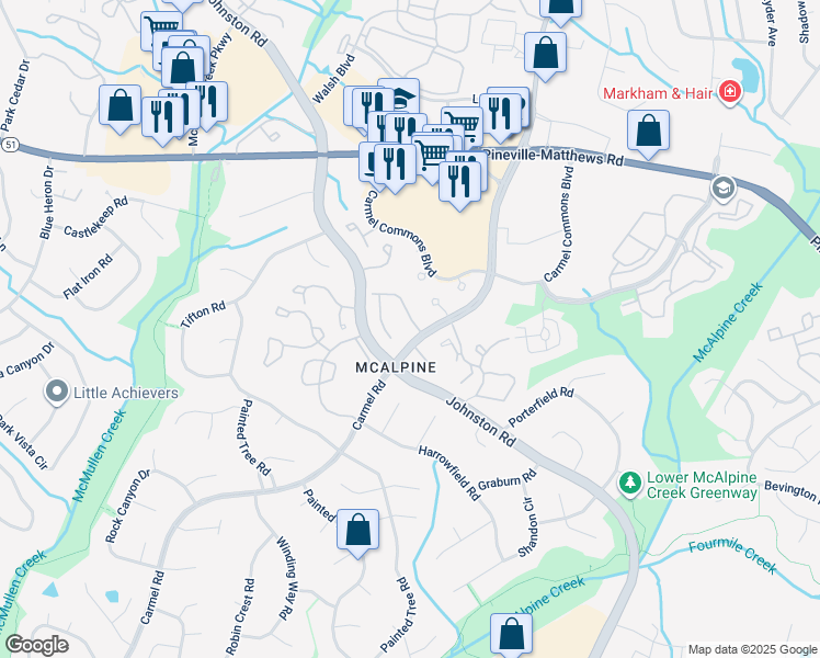 map of restaurants, bars, coffee shops, grocery stores, and more near 11123 Silkwood Court in Charlotte