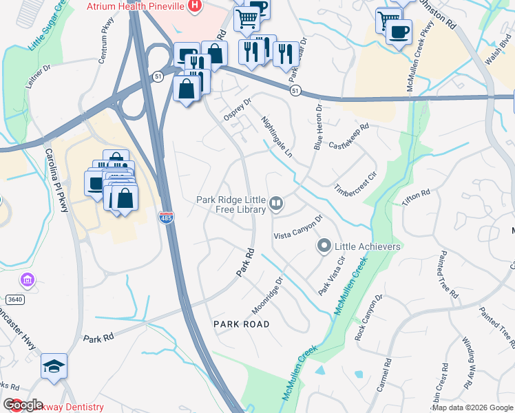 map of restaurants, bars, coffee shops, grocery stores, and more near 11408 Park Road in Charlotte