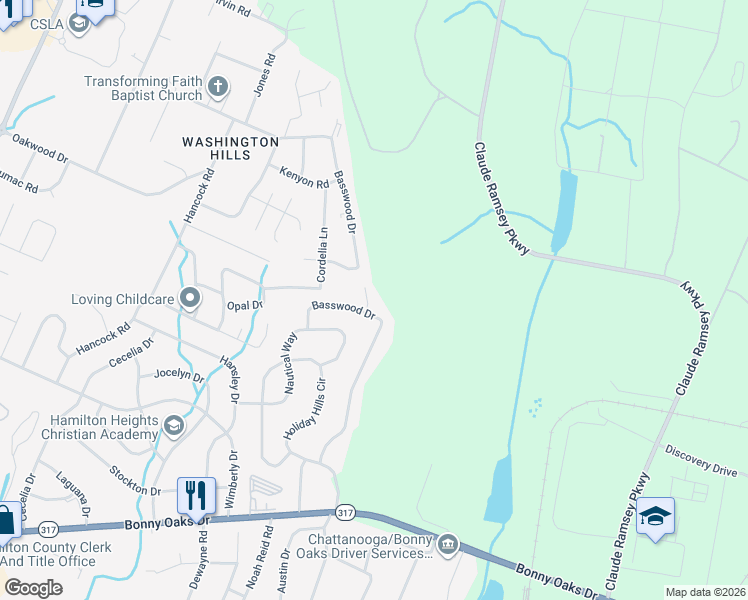 map of restaurants, bars, coffee shops, grocery stores, and more near 6409 Basswood Lane in Chattanooga