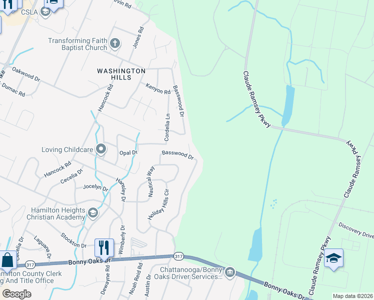 map of restaurants, bars, coffee shops, grocery stores, and more near 6409 Basswood Lane in Chattanooga