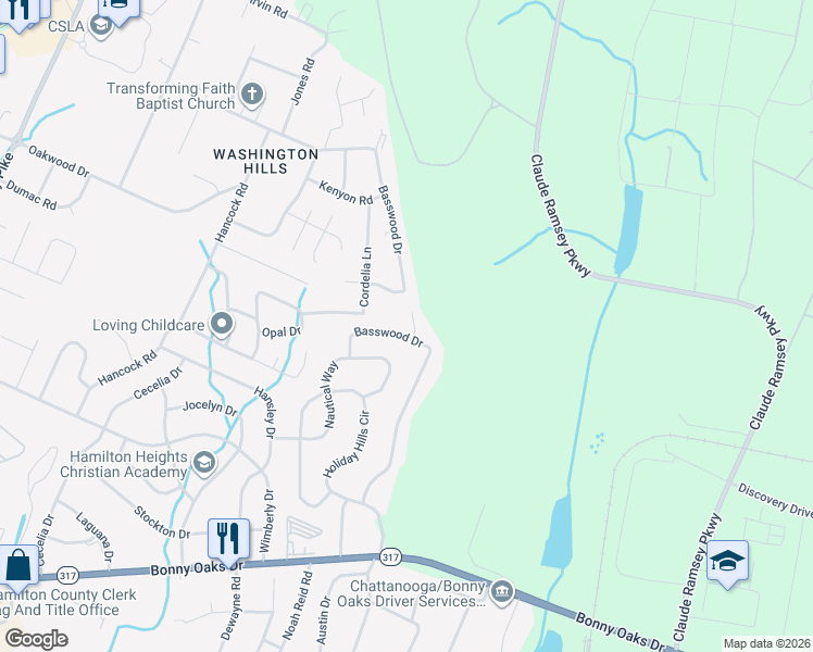 map of restaurants, bars, coffee shops, grocery stores, and more near 6409 Basswood Lane in Chattanooga