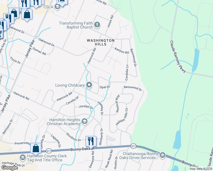 map of restaurants, bars, coffee shops, grocery stores, and more near 7852 Opal Drive in Chattanooga