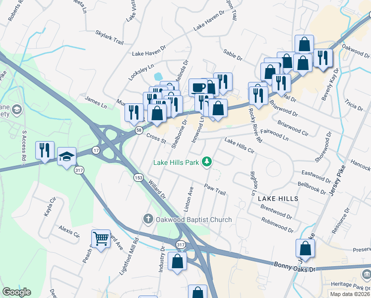 map of restaurants, bars, coffee shops, grocery stores, and more near 4313 Innwood Lane in Chattanooga