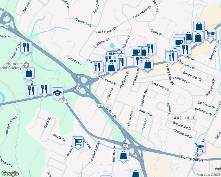 map of restaurants, bars, coffee shops, grocery stores, and more near 4216 Wilkesview Drive in Chattanooga