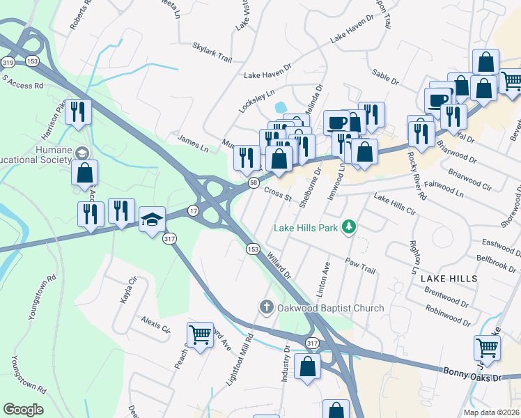 map of restaurants, bars, coffee shops, grocery stores, and more near 4216 Wilkesview Drive in Chattanooga