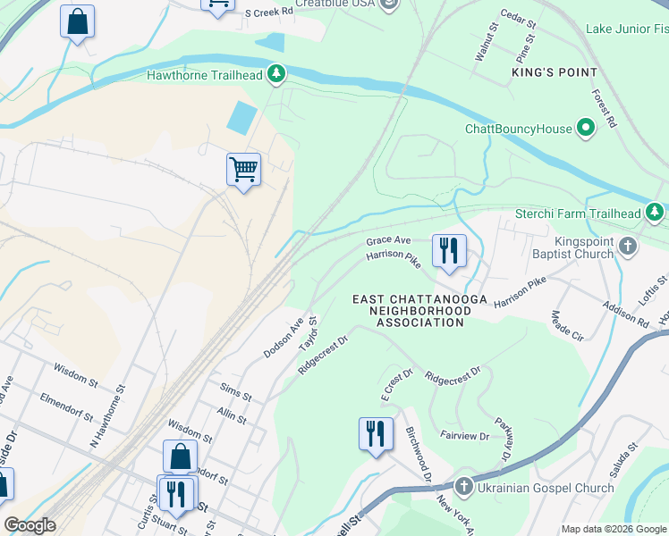 map of restaurants, bars, coffee shops, grocery stores, and more near 2316 Harrison Pike in Chattanooga