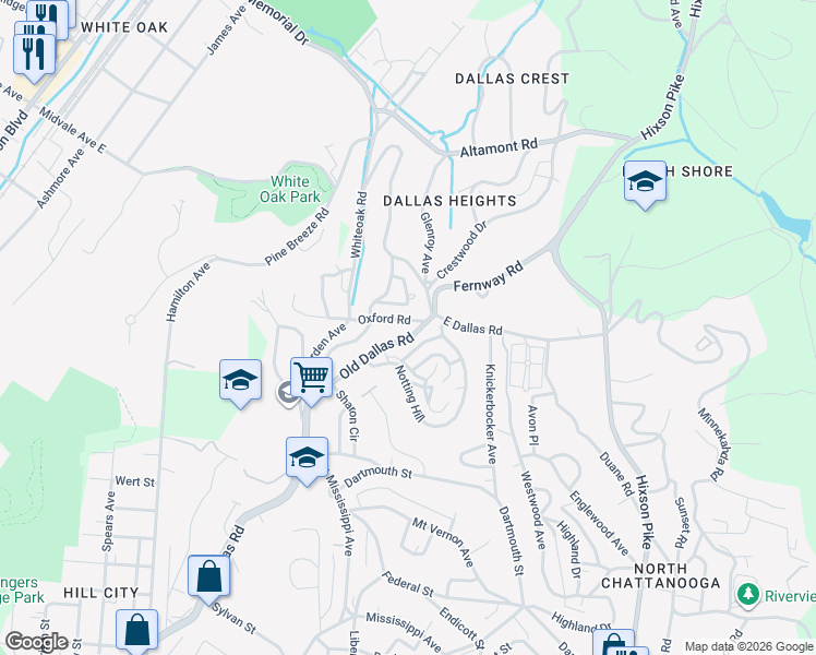 map of restaurants, bars, coffee shops, grocery stores, and more near 704 Oxford Road in Chattanooga