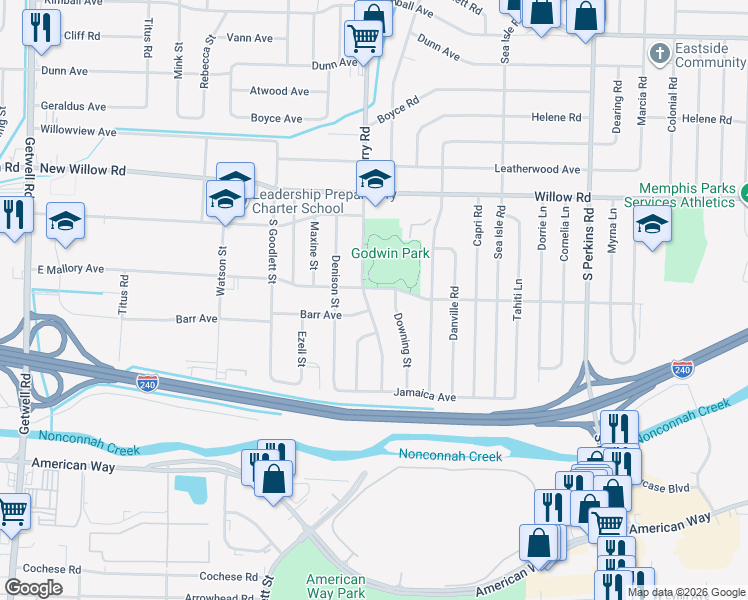 map of restaurants, bars, coffee shops, grocery stores, and more near 1821 Downing Street in Memphis