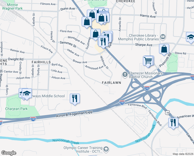 map of restaurants, bars, coffee shops, grocery stores, and more near 2956 Southwall Street in Memphis