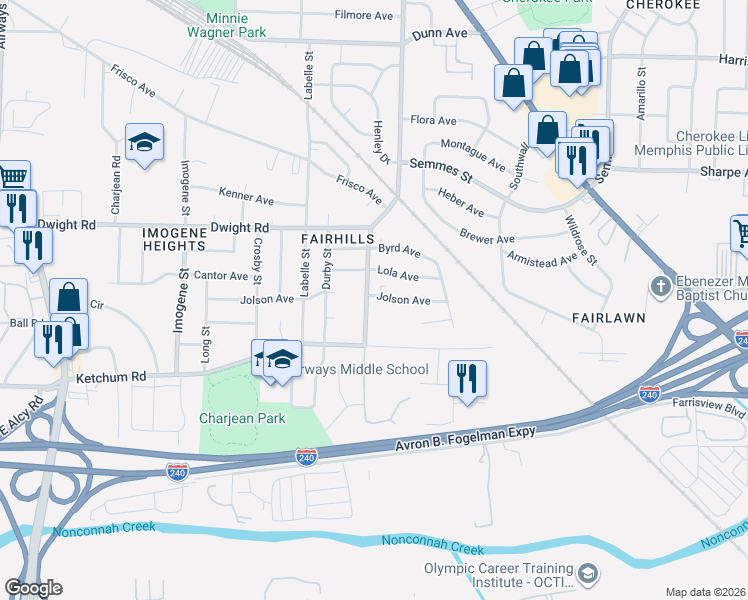 map of restaurants, bars, coffee shops, grocery stores, and more near 2735 Jolson Avenue in Memphis