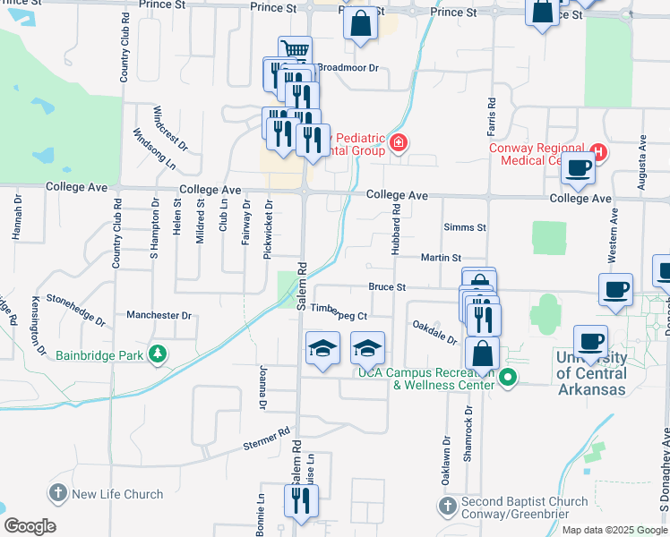 map of restaurants, bars, coffee shops, grocery stores, and more near 2804 Bruce Street in Conway